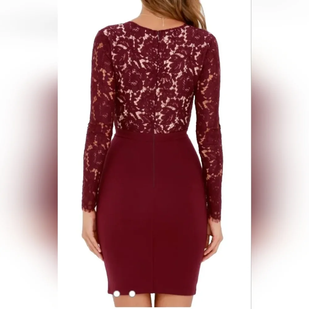 Lulus Mini Dress Sooner Or Later Burgundy Lace Long Sleeve Sexy Plunge Small